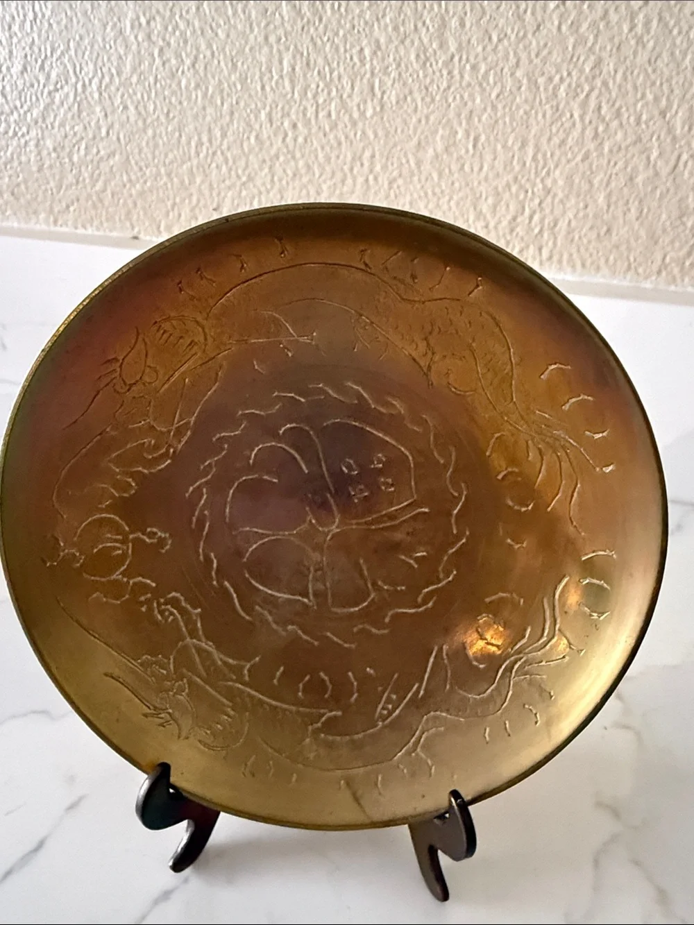 Vintage Brass Shallow Etched Dragon Dish on Brass Easel Small